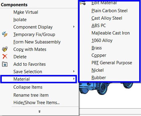 انتخاب متریال و جنس برای همه قطعات اسمبلی و subassembly در solidworks 2020